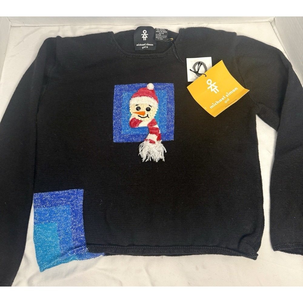Vintage Michael Simon 12/14 Snowman Sequin Embroidery Christmas Black SweaterY2K